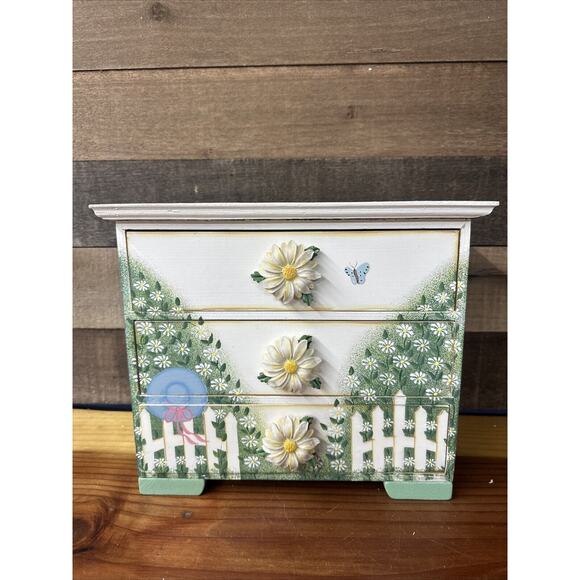 Wooden 3 Drawer Handpainted Daisy Jewelry Box 12x10